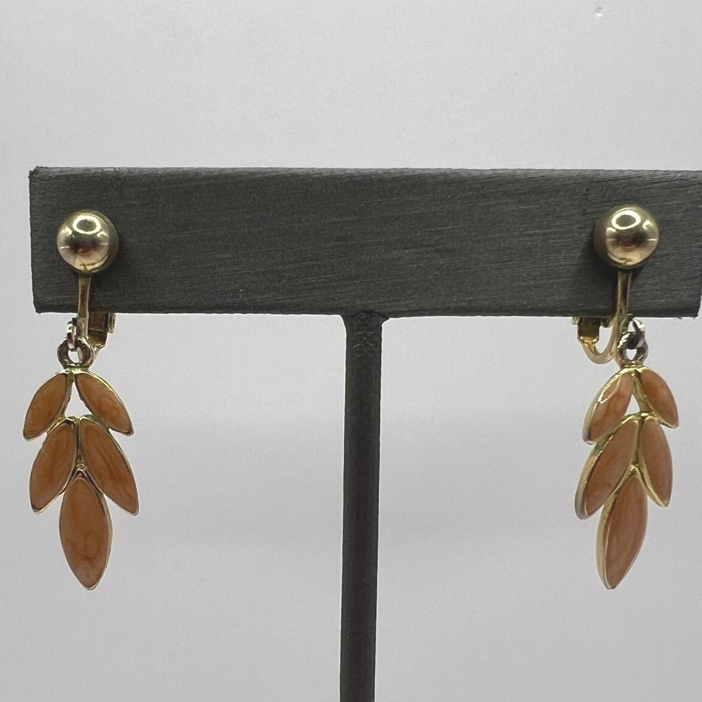 Vintage Clip On‎ Earrings Tan Brown Enamel Leaf Dangle Drop